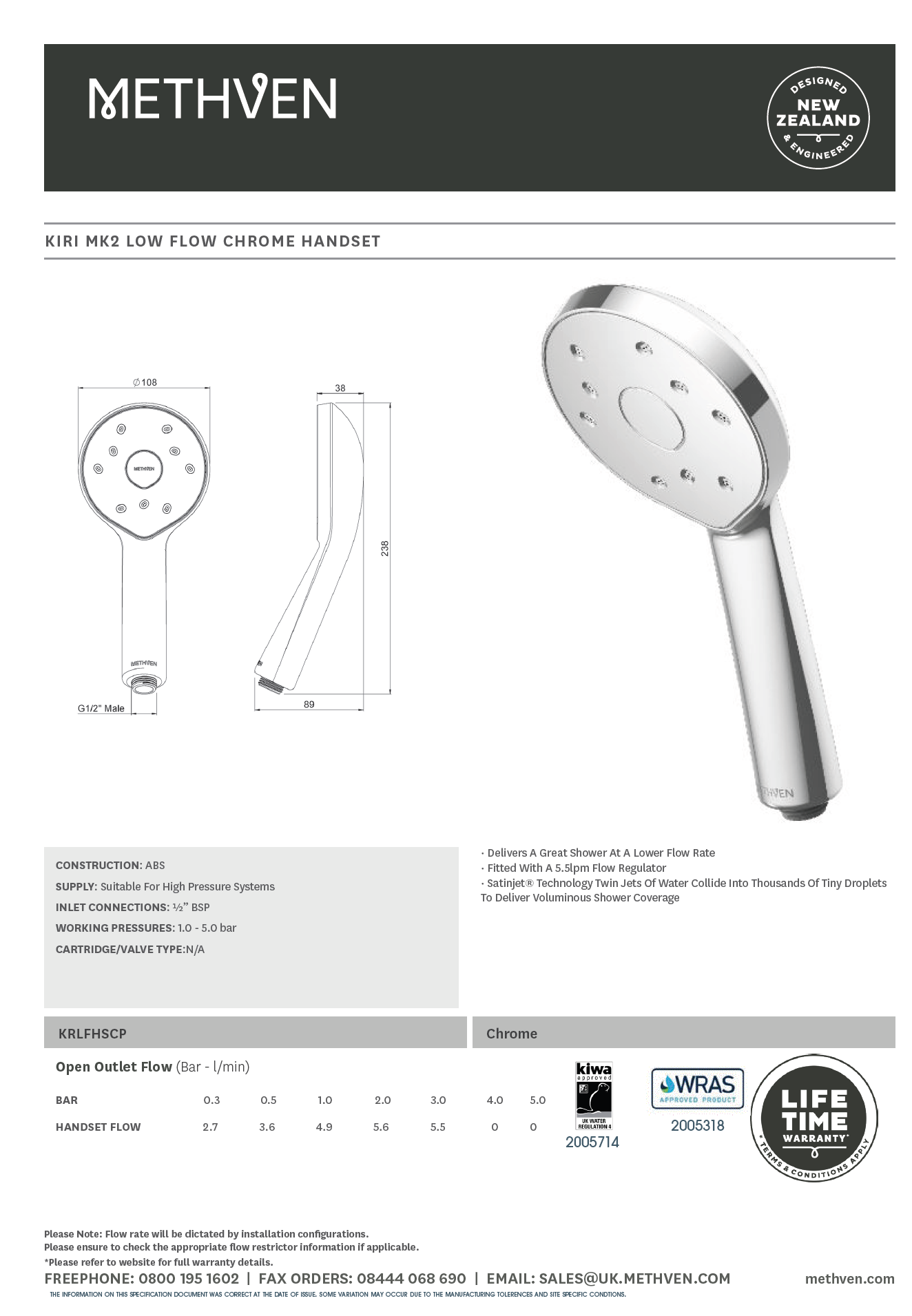 Methven Kiri Satinjet Low Flow MK2 Chrome Handheld KRLFHSCP Technical